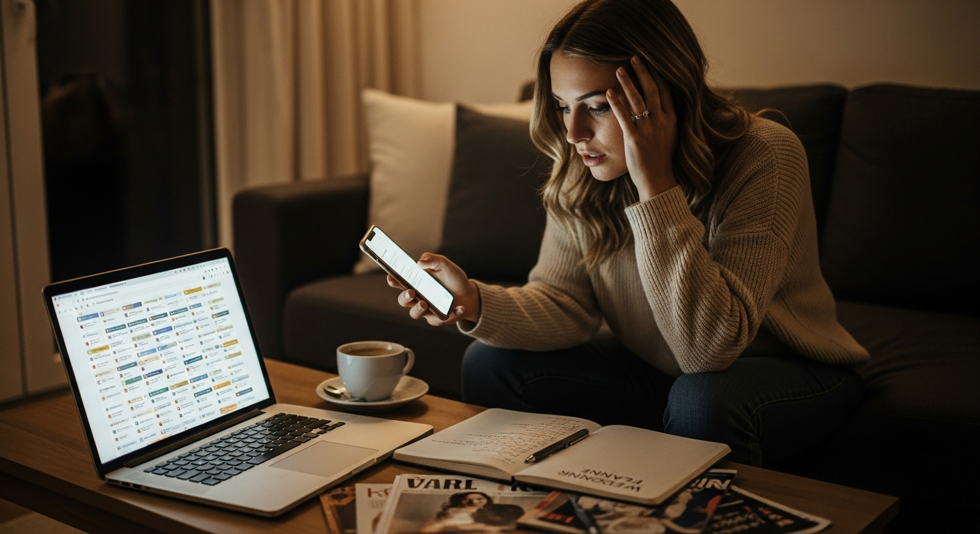 An overwhelmed bride researching wedding vendors on her laptop and phone simultaneously, illustrating why most visitors ghost DJ websites.