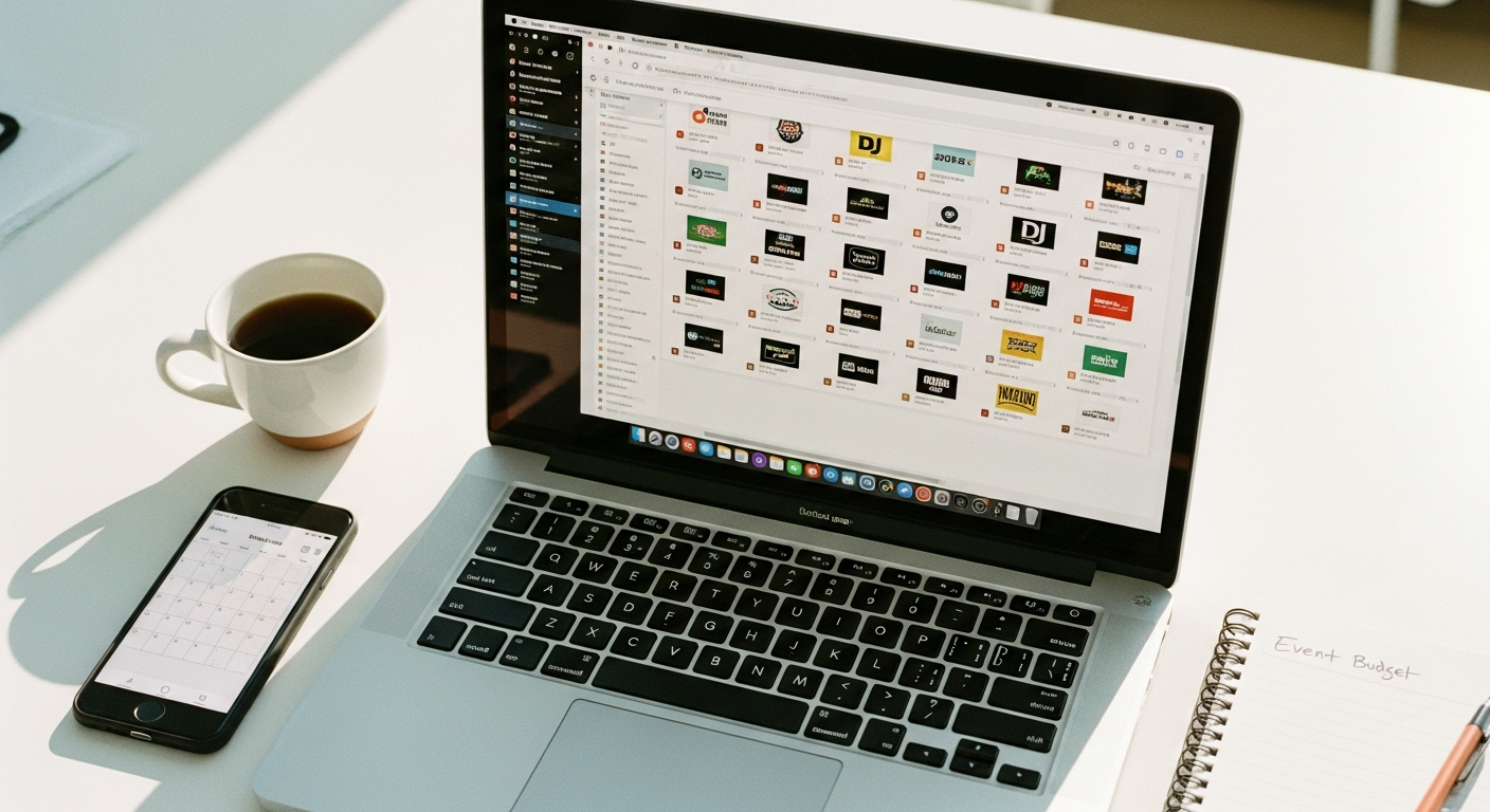 A laptop screen showing multiple browser tabs open while an event planner researches local entertainment options.