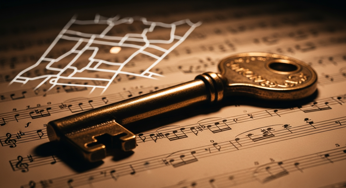 A vintage brass key on sheet music representing the exclusive territory lock for private music teachers using the AlgoRhythm Engine.