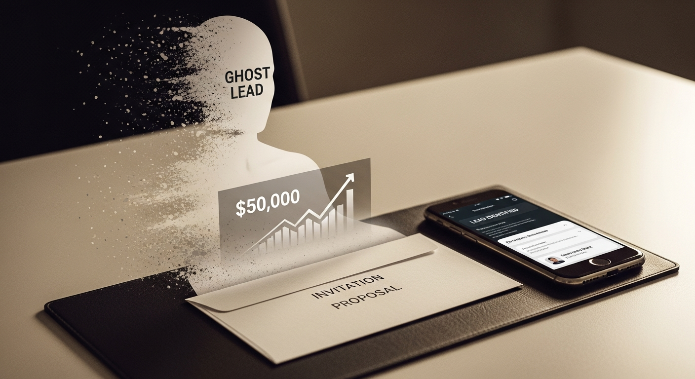 A visual representation of a 'ghost lead' transforming into a physical corporate event invitation on a desk, symbolizing a high-value contract won.