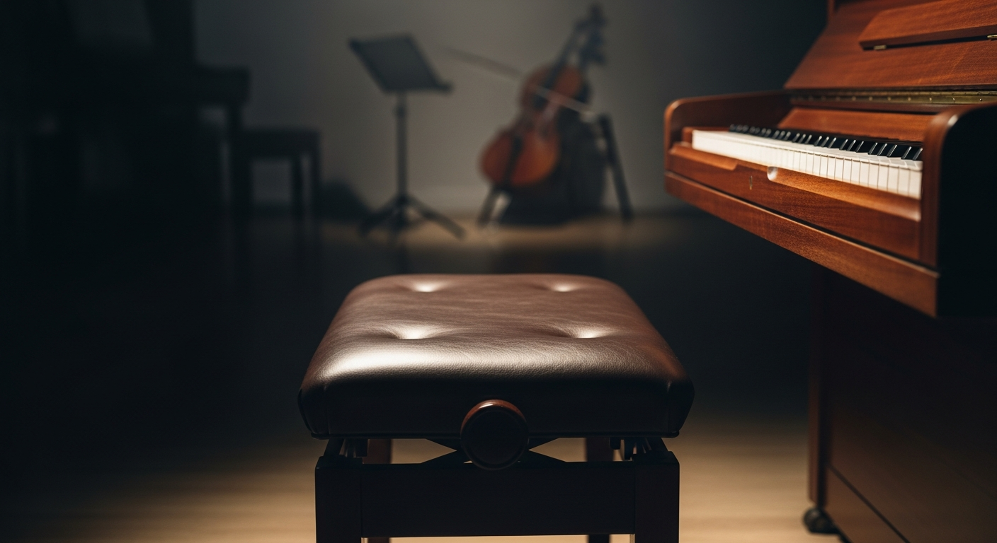 A cinematic view of an empty piano bench in a professional music studio, illustrating the hidden tuition loss and lifetime value of a missing student for private music teachers.
