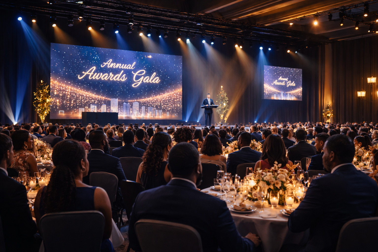 Corporate professionals attending an awards gala and conference event in a large ballroom